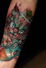 小臂彩色邪恶的猫个性纹身图案