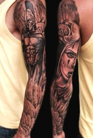 手臂有趣的黑色斯巴达战士与女郎纹身图案