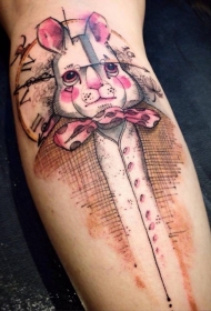 小腿彩色可爱卡通兔子与钟表纹身图案