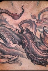 胸部彩色幻想章鱼纹身图案