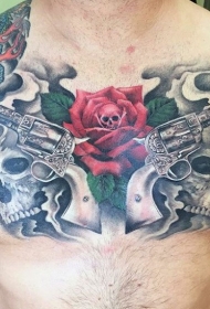 胸部个性的手枪和骷髅玫瑰纹身图案