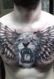 胸部写实风格黑色狮子和翅膀纹身图案