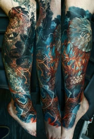 腿部彩色插图风格章鱼和水母人像雕塑纹身图案