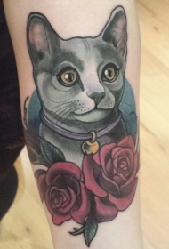 猫与红玫瑰纹身图案
