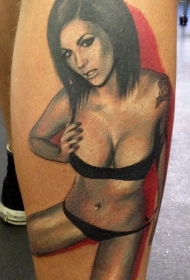 小腿黑色内衣的性感女孩肖像纹身图案