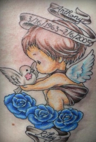 蓝色玫瑰与鸽子和天使纹身图案