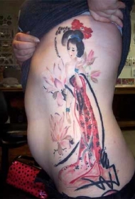 可爱的水彩中国女孩荷花纹身图案