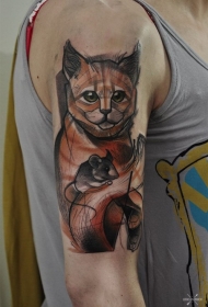 手臂素描风格彩色猫与老鼠纹身图案