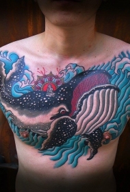 胸部蓝色浪花与大鲸鱼纹身图案