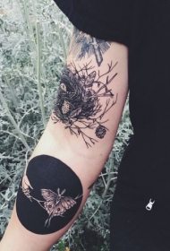 手臂不寻常的黑白组合燕窝与蝴蝶纹身图案