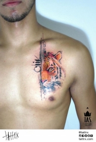 胸部彩色创意风格老虎纹身图案