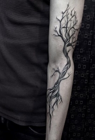 手臂黑白插画风格大树纹身图案