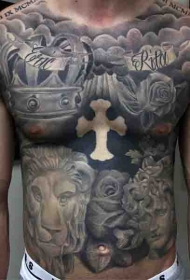 胸部和腹部大面积皇冠十字架玫瑰纹身图案