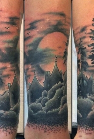 黑灰卡通城堡和森林手臂纹身图案