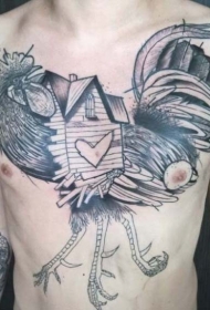 胸部不寻常的设计黑灰公鸡与小房子纹身图案