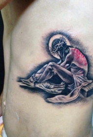 侧肋戏剧性的黑白悲伤耶稣纹身图案
