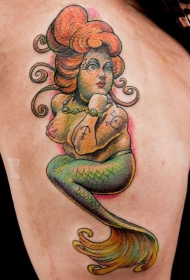 大腿彩色卡通小美人鱼纹身图案
