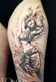 大腿素描风格黑色舞蹈女子纹身图案