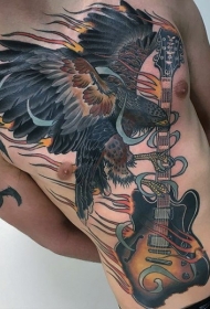 胸部和腹部彩色老鹰与燃烧的吉他纹身图案