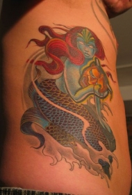 蓝色美人鱼与金色面具纹身图案