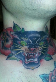 颈部玫瑰和恶魔大猫纹身图案