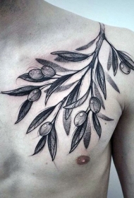 胸部黑色橄榄枝纹身图案