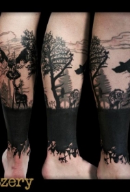神秘的黑色森林与猫头鹰和乌鸦小腿纹身图案