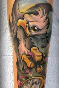 有趣的卡通彩色鹰与粉红色丝带纹身图案