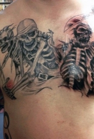 胸部有趣的一群黑白海盗骷髅纹身图案