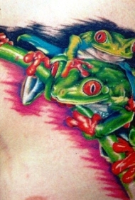 胸部逼真的树枝和红眼睛青蛙纹身图案