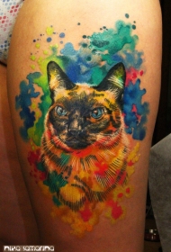 好看的水彩泼墨猫纹身图案