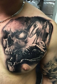 胸部恐怖风格骷髅与熟睡的孩子纹身图案