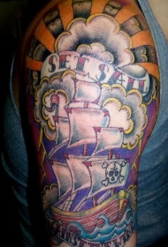手臂经典海盗船彩色纹身图案