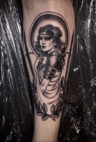小腿old school黑色中世纪女骑士肖像纹身图案