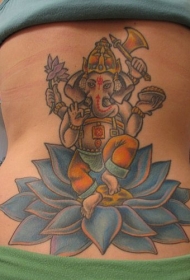 背部象神伽内什跳舞和蓝色莲花纹身图案