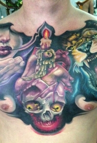 胸部好看的咆哮狮子和神秘女人骷髅纹身图案