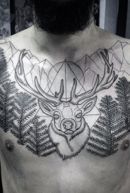 胸部几何山脉和树鹿头纹身图案