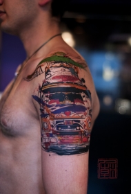 大臂水彩画风格令人难以置信的汽车纹身图案