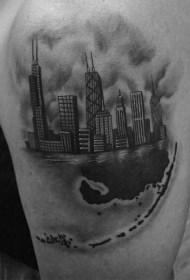 手臂写实风格好看的黑色城市景观纹身图案