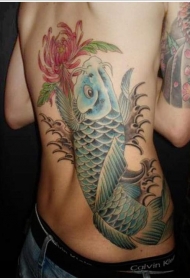 蓝色的锦鲤鱼和菊花背部纹身图案