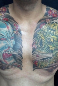 男子胸部日式骷髅和般若纹身图案