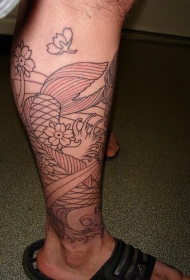 腿部黑白线条鲤鱼纹身图案