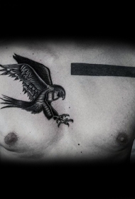 胸部奇异组合黑色飞行鹰与简单的水平线纹身图案