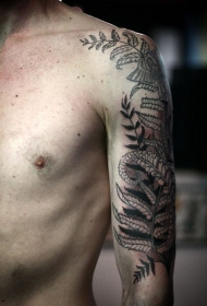 男性手臂黑色蕨叶植物纹身图案