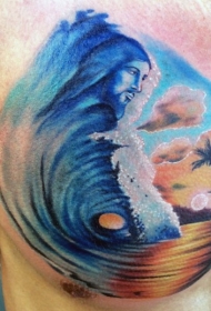 胸部彩色波浪与耶稣肖像和岛屿纹身图案