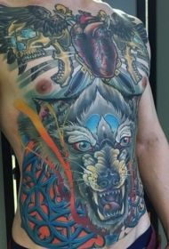 胸部new school彩色恶犬心脏和骷髅纹身图案