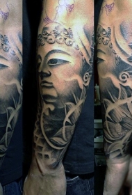 小臂印度教风格黑白如来佛祖雕像纹身图案