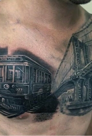 胸部非常逼真的黑灰火车纹身图案