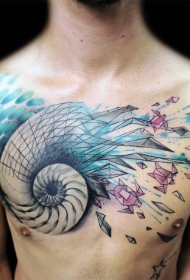 难以置信的彩色几何蜗牛壳胸部纹身图案
