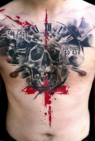 男性胸部血淋淋的骷髅时钟和字母纹身图案